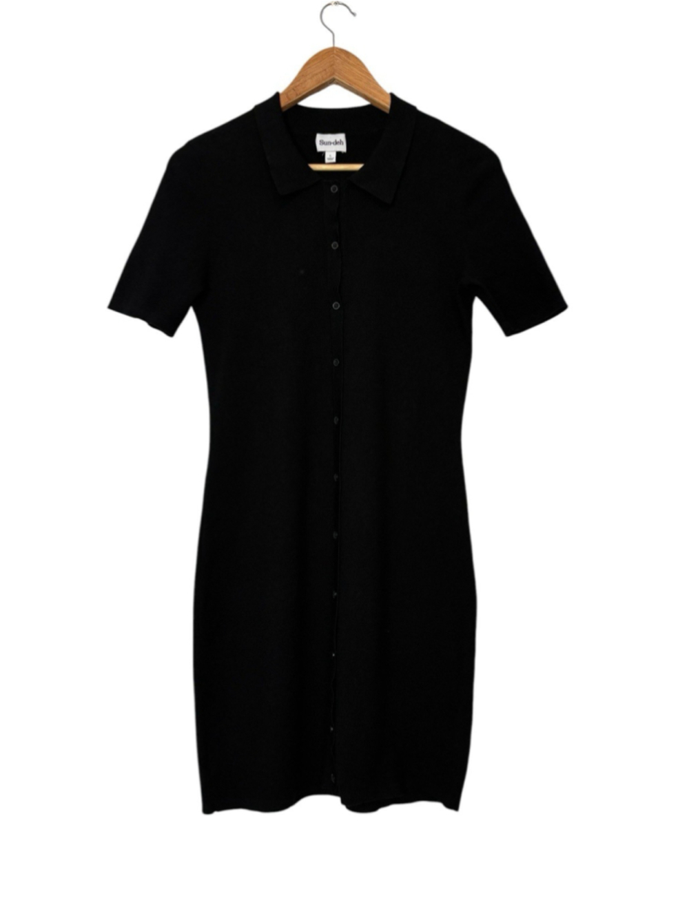 Aritzia Polo Mini Dress Button Front Black Knit Short Sleeve Size Large - Picture 6 of 12